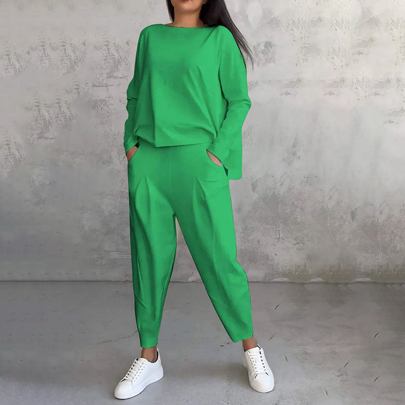 Chic Leisure Long-Sleeve Round Neck Top & Pants Set