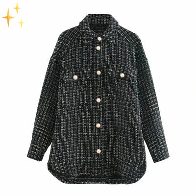 Vintage Tweed Shirt Jacket with Plaid Pattern and Pearl Buttons – Classic Elegance for Every Occasion